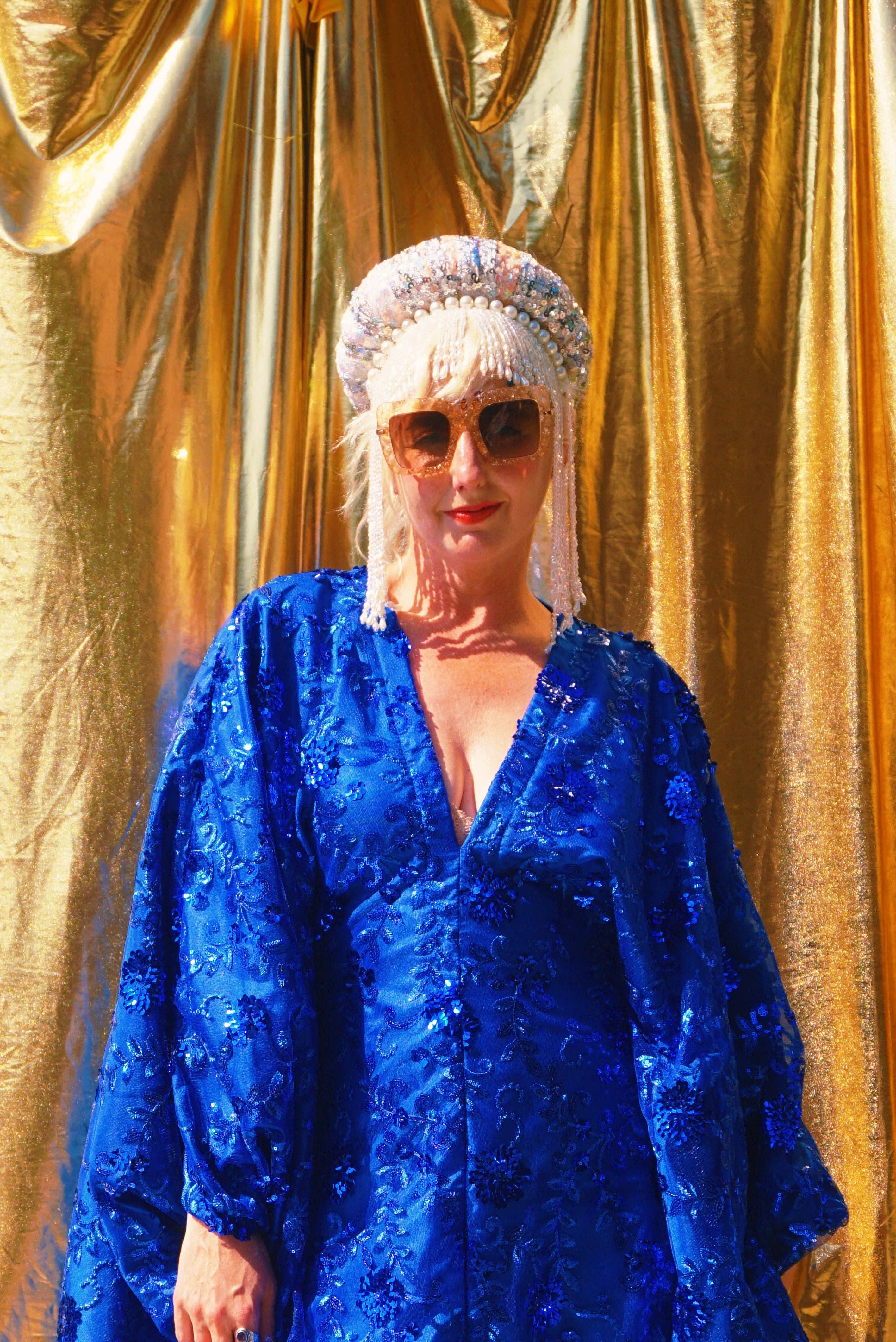 Desert Blue Lace Sequin V-Neck Kaftan Gown