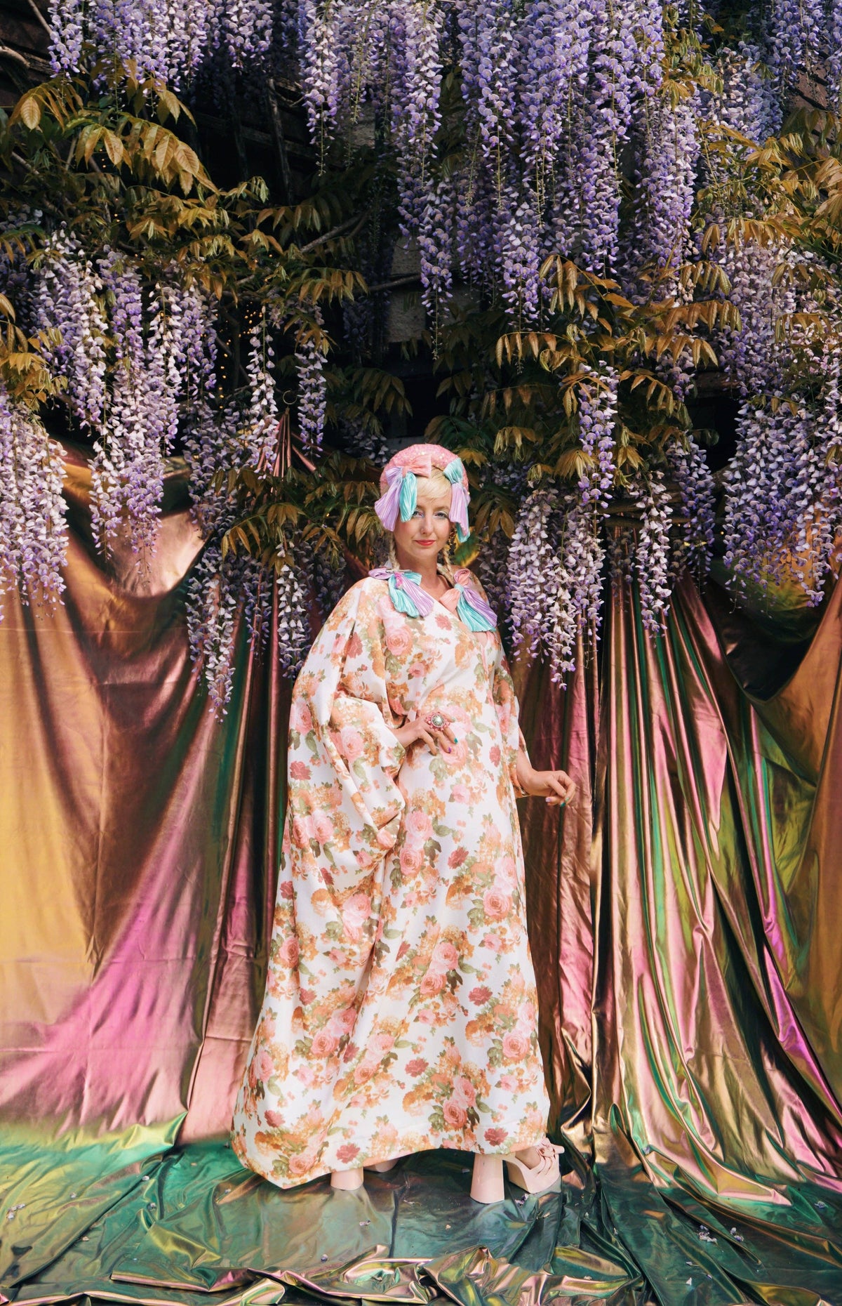 Pink Rose Garden V-Neck Kaftan Gown