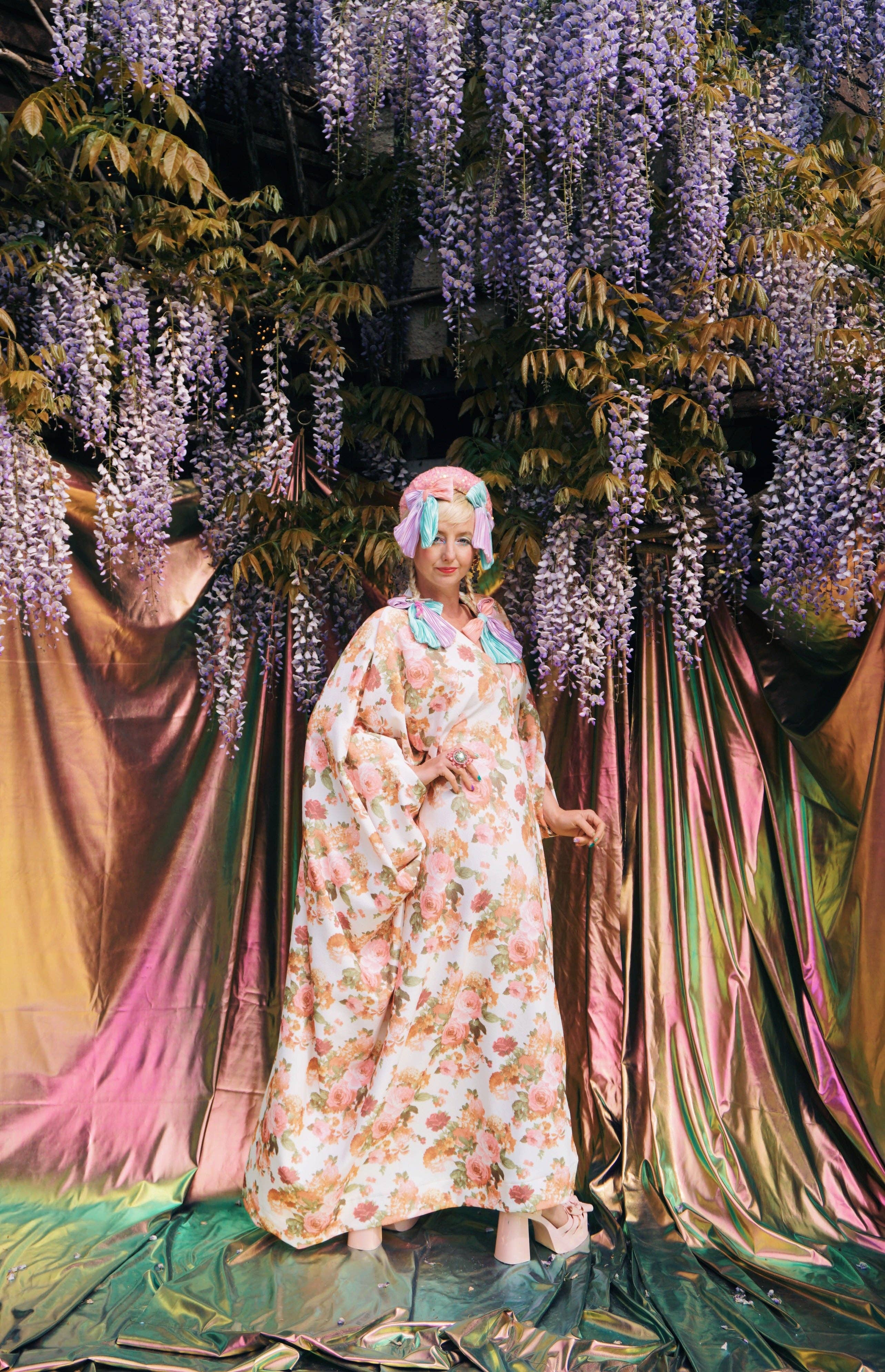 Pink Rose Garden V-Neck Kaftan Gown