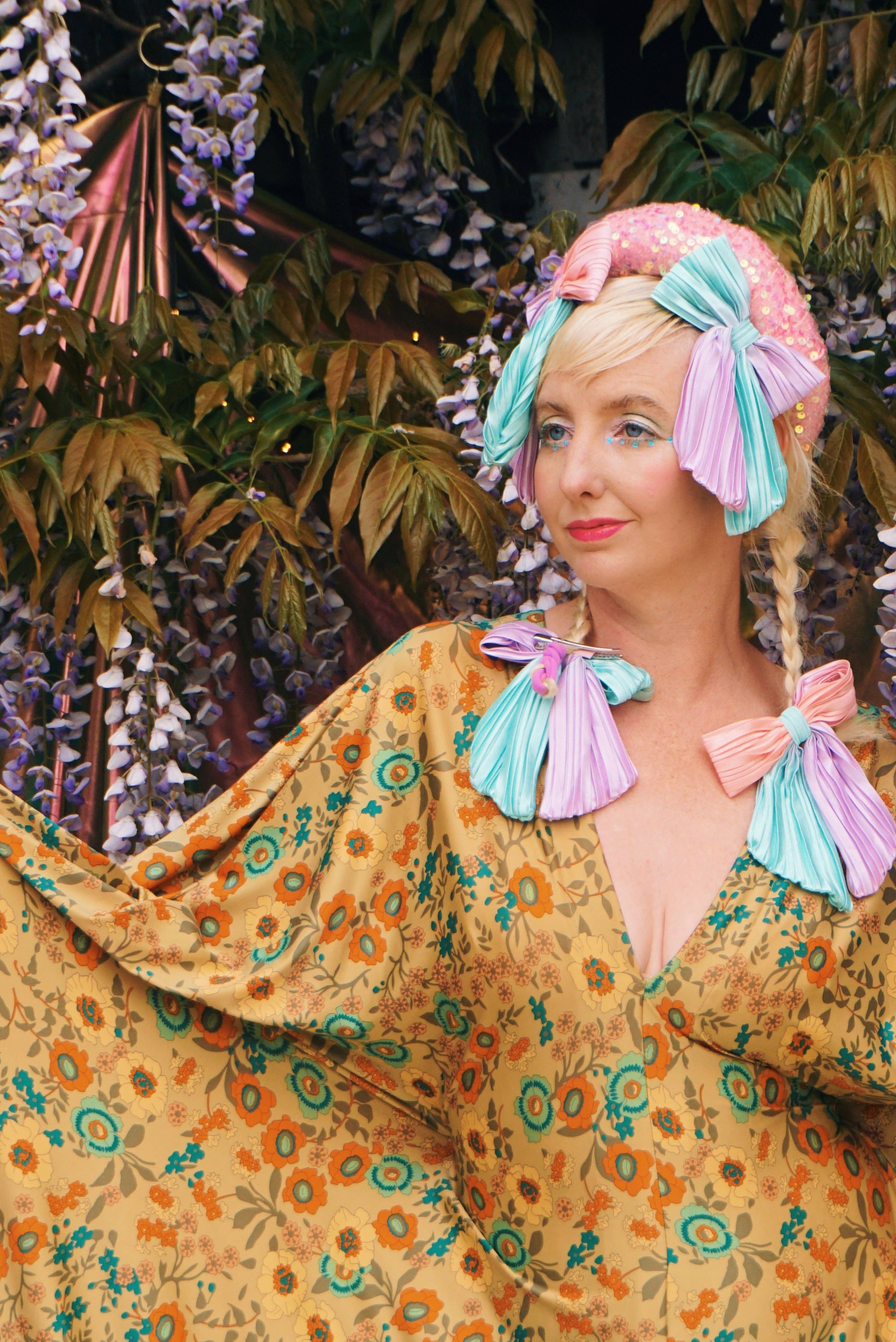 Golden Meadow Print V-Neck Kaftan Gown