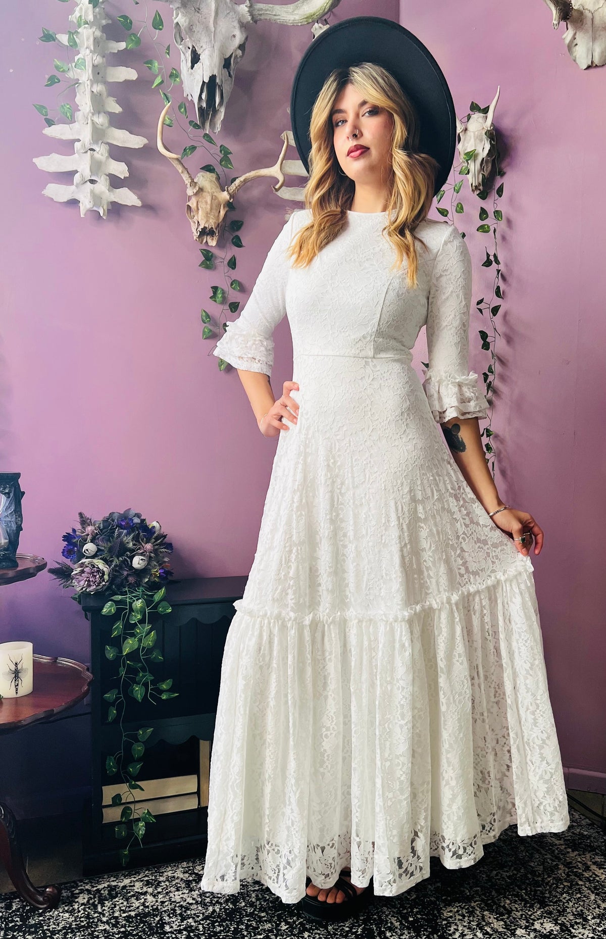 Mina - Ivory Floral Lace Bride of the Vampire Maxi Dress  - READY TO SHIP