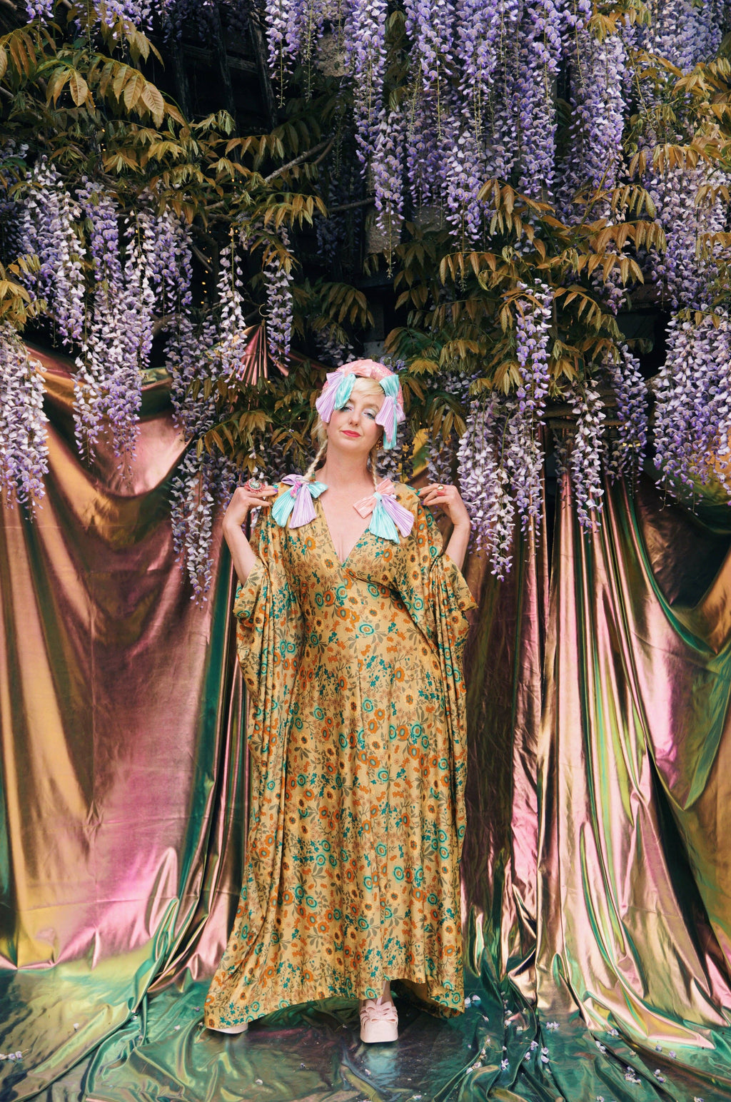 Golden Meadow Print V-Neck Kaftan Gown