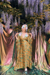 Golden Meadow Print V-Neck Kaftan Gown