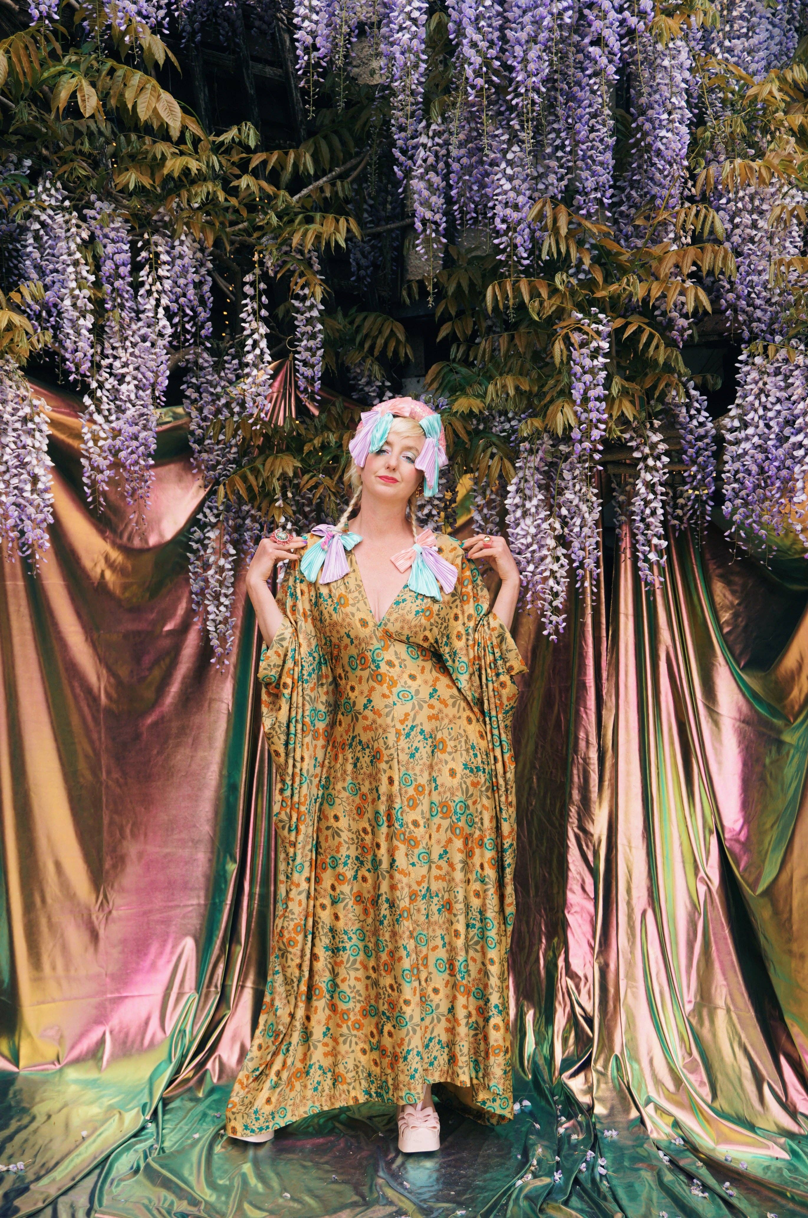 Golden Meadow Print V-Neck Kaftan Gown