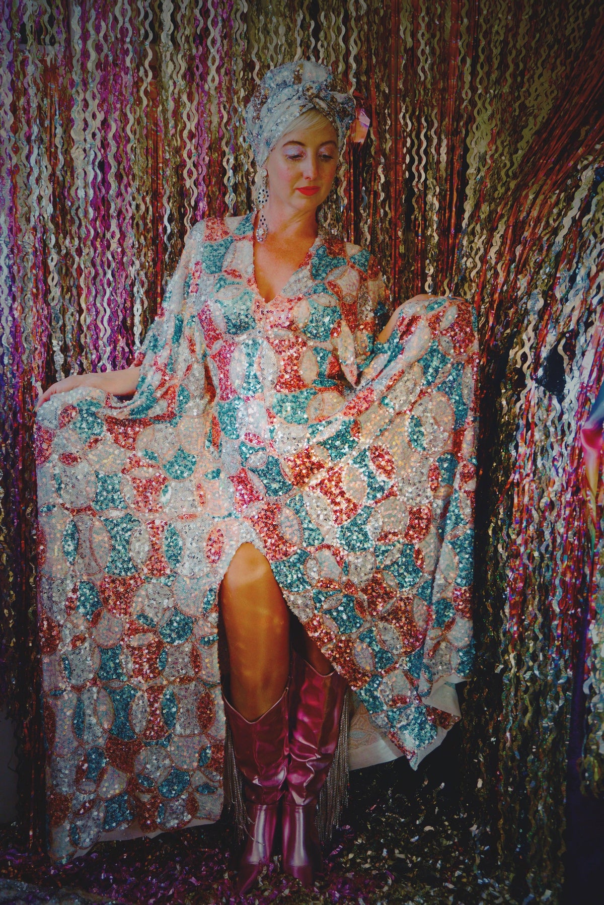 Pink, Blue and White Circle V-Neck Maxi Dress Kaftan