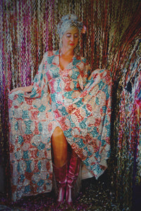 Pink, Blue and White Circle V-Neck Maxi Dress Kaftan