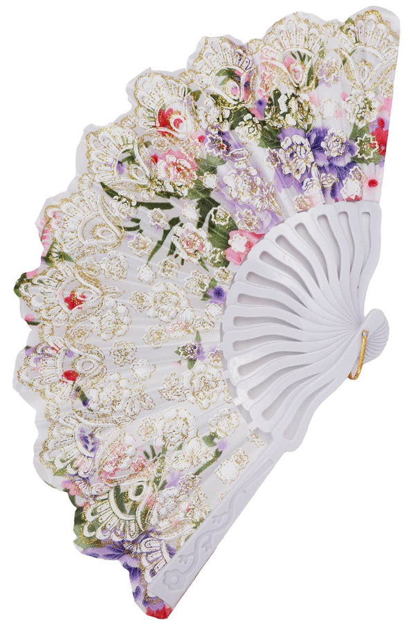 Rose Floral Gold Glitter Shimmer Hand-Held Folding Fan