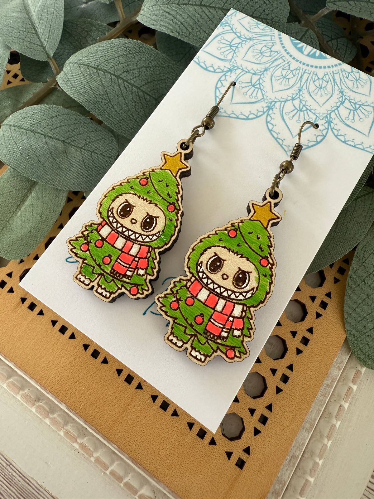 Labubu inspired monster Christmas hand painted wood earrings