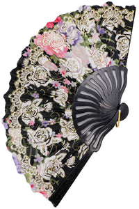 Rose Floral Gold Glitter Shimmer Hand-Held Folding Fan