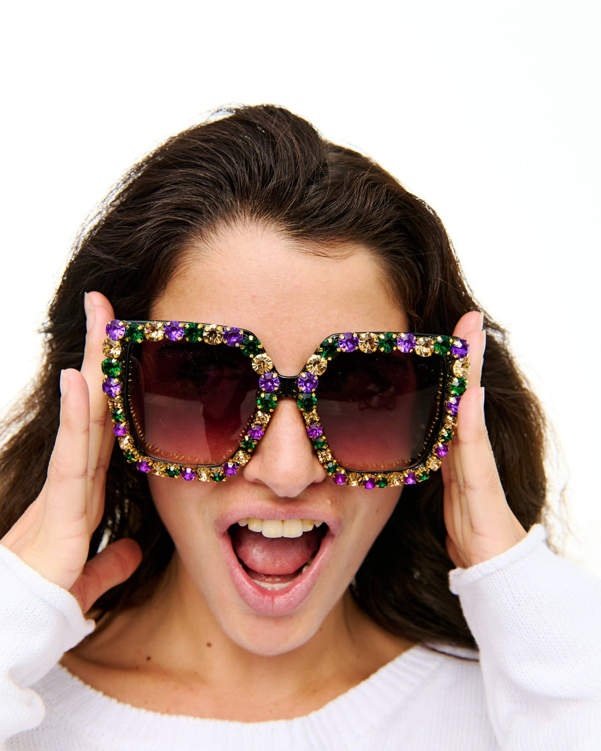 Large Mardi Gras rhinestone sunglasses