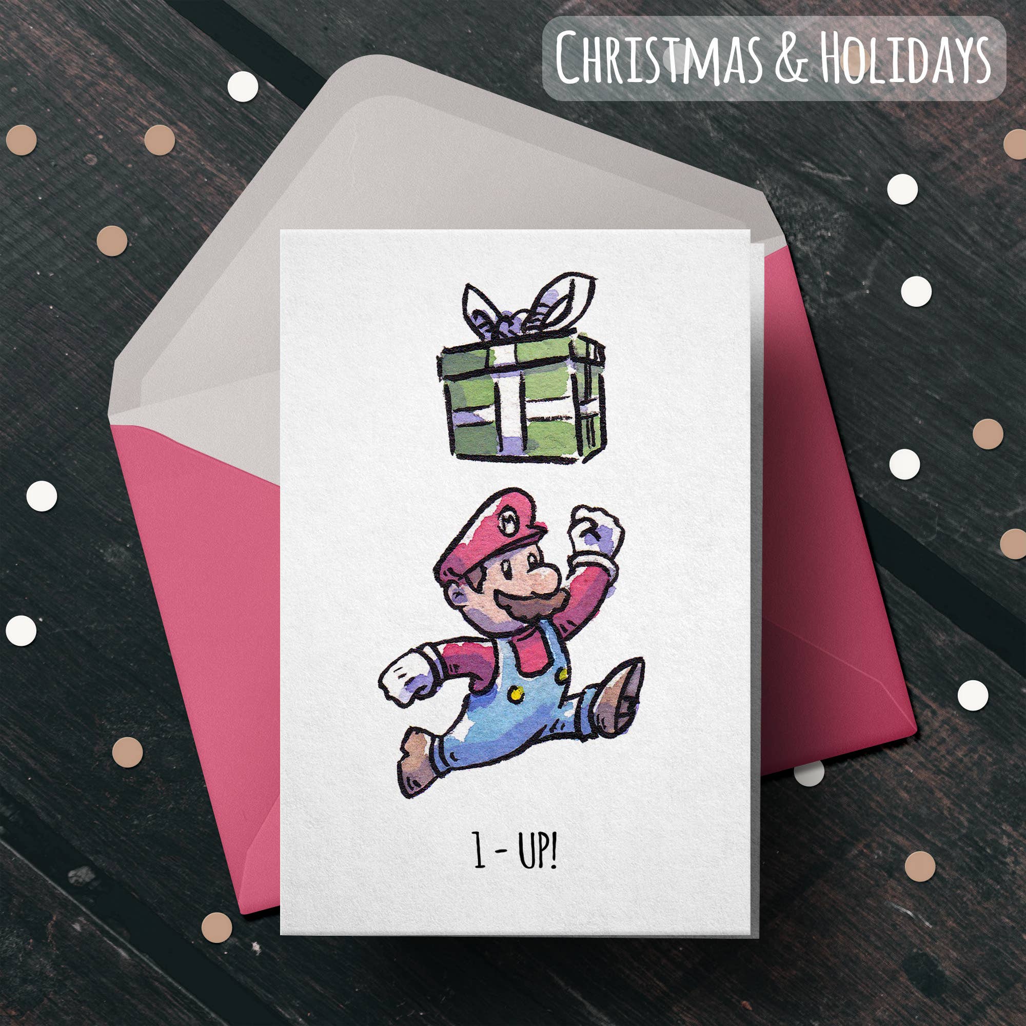 "1 Up!" - Video Game Plumber Christmas or Birthday Card