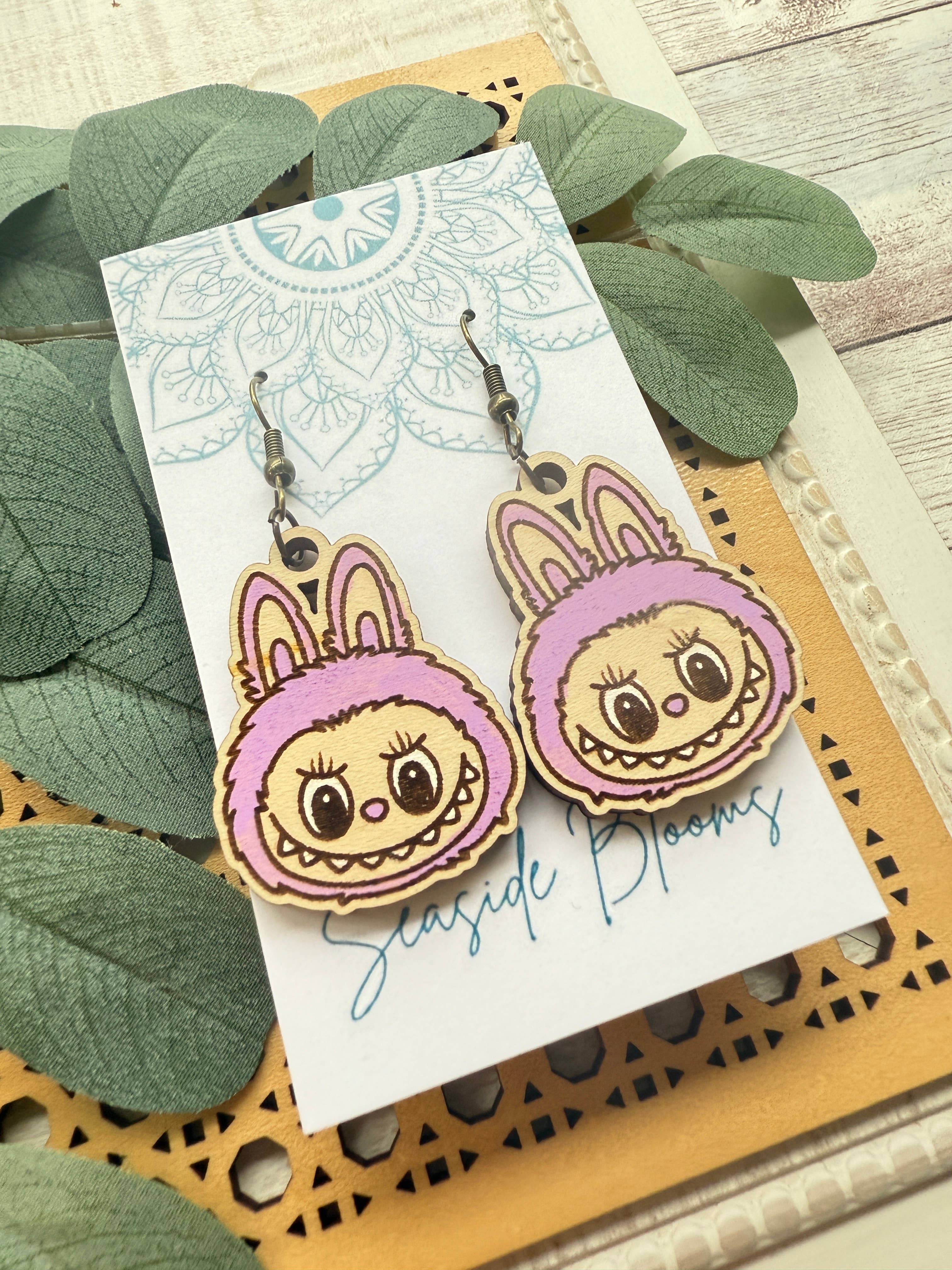 Labubu inspired monster style hand painted  wood earrings