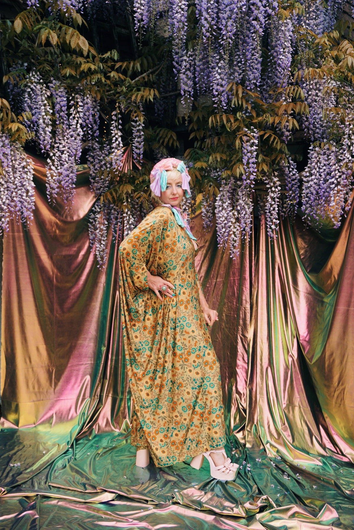 Golden Meadow Print V-Neck Kaftan Gown