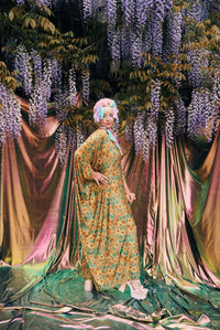 Golden Meadow Print V-Neck Kaftan Gown