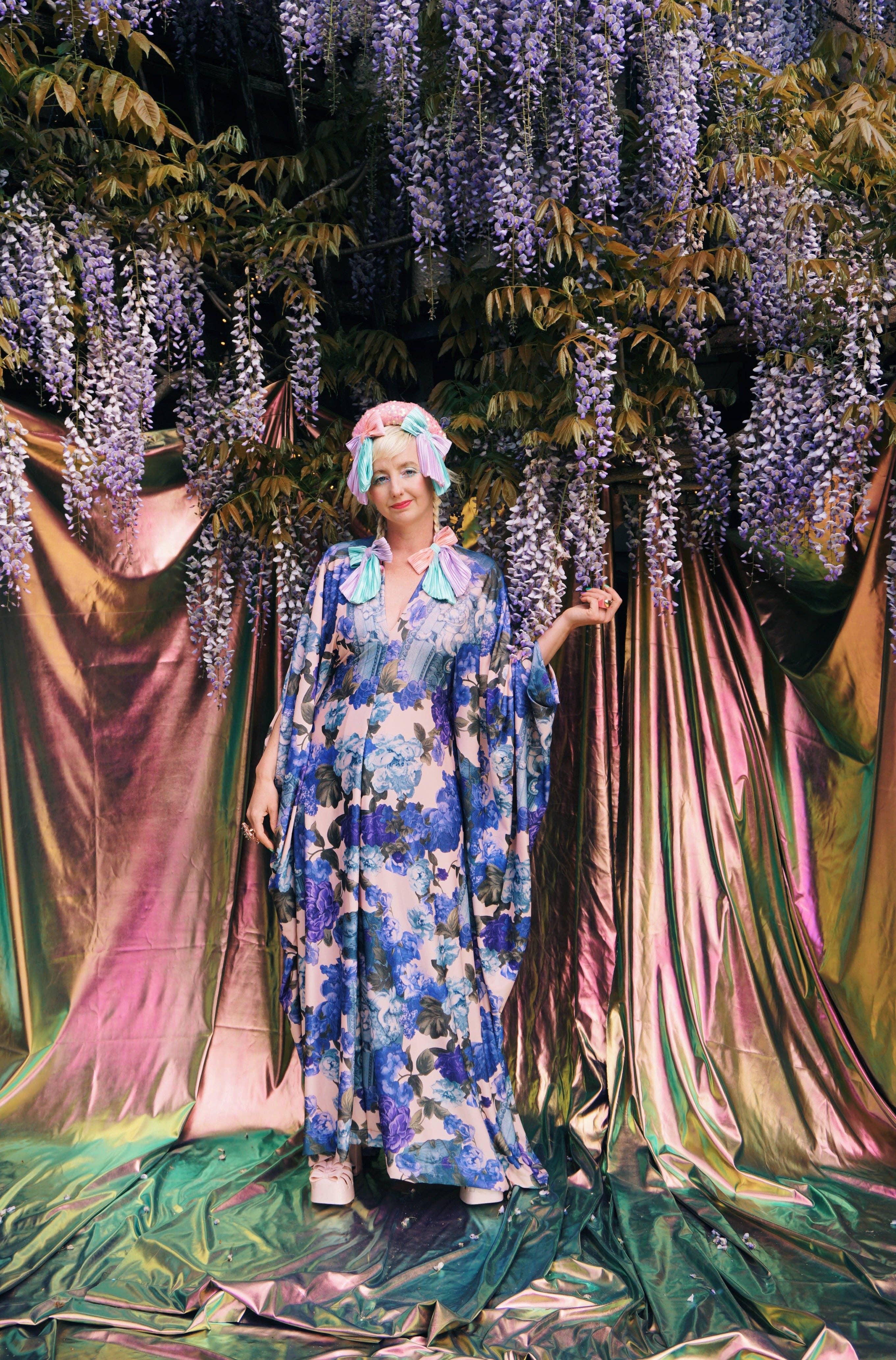 Blue Rose V-Neck Kaftan Gown