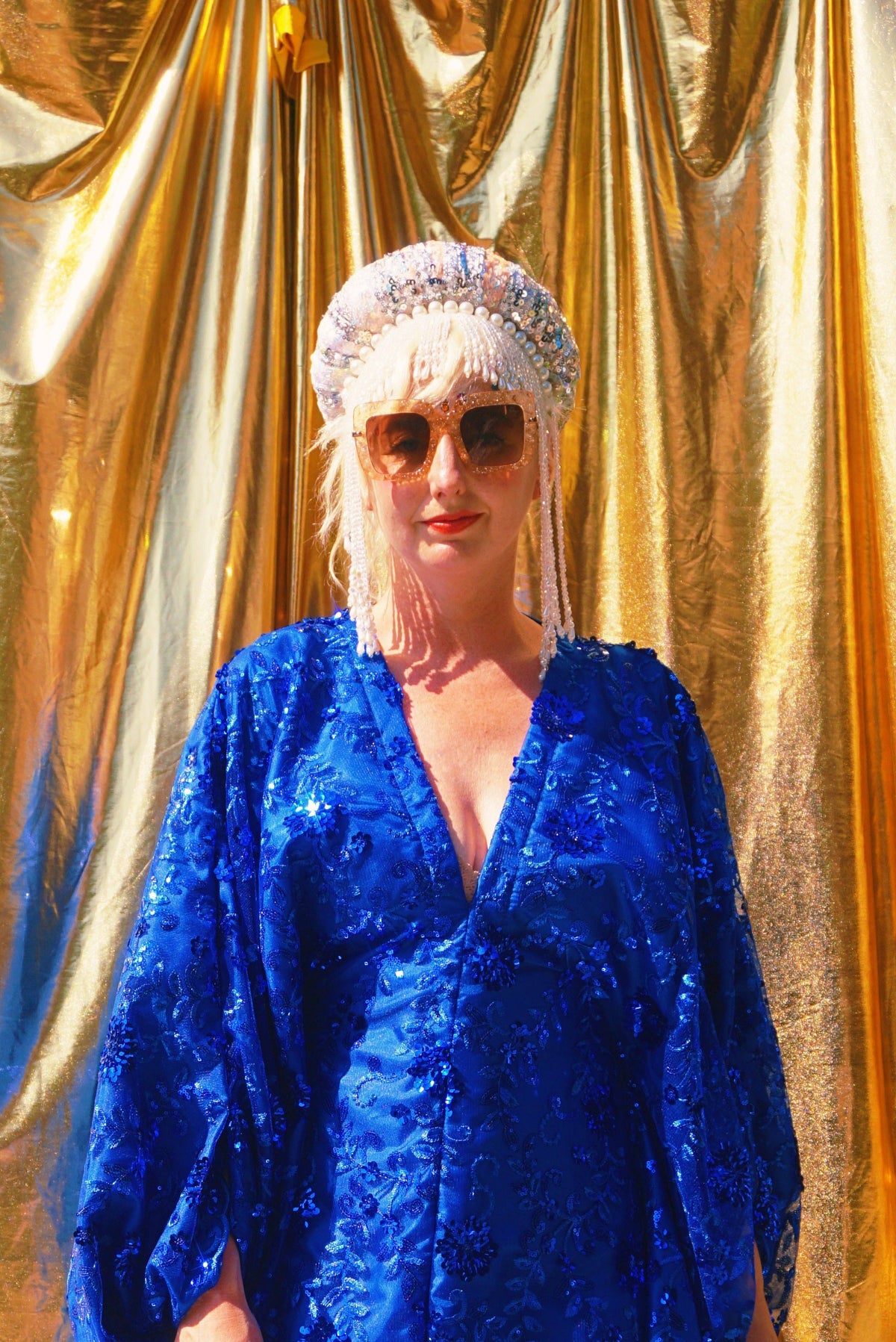 Desert Blue Lace Sequin V-Neck Kaftan Gown