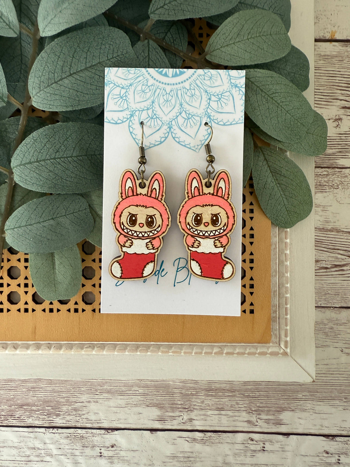 Labubu inspired monster Christmas hand painted wood earrings