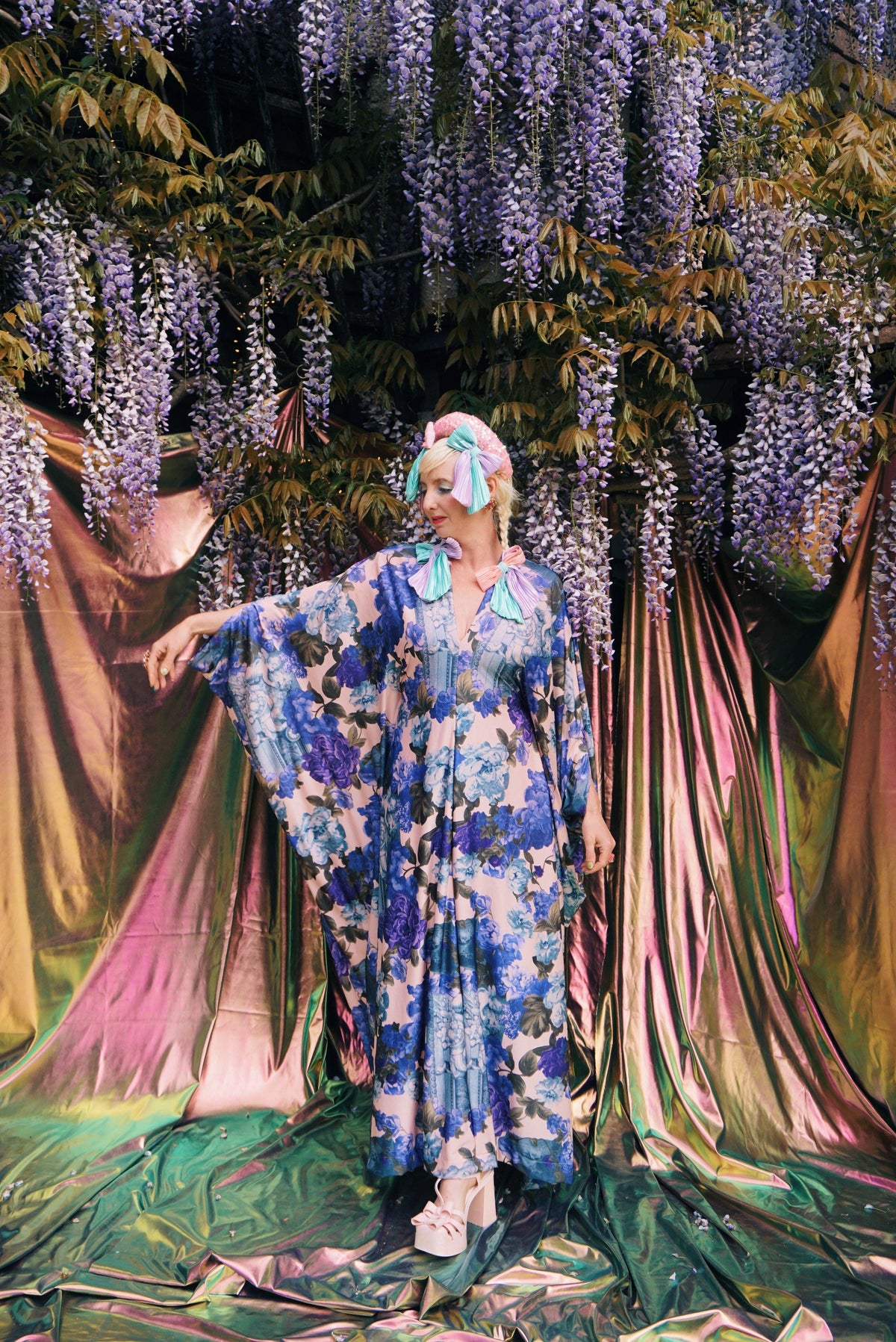 Blue Rose V-Neck Kaftan Gown