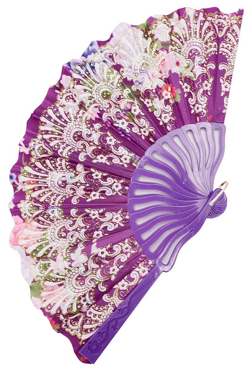 Rose Floral Gold Glitter Shimmer Hand-Held Folding Fan
