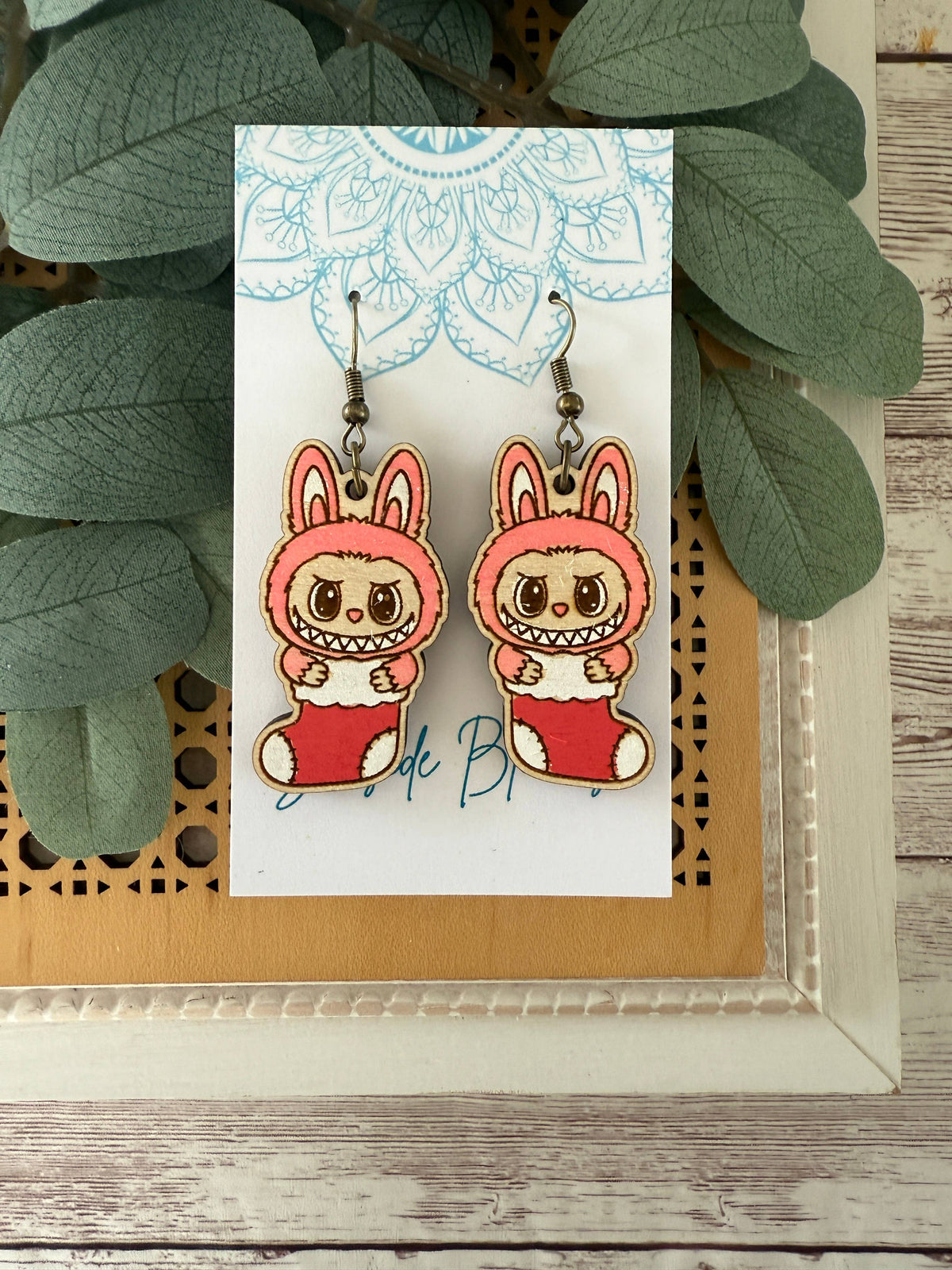 Labubu inspired monster Christmas hand painted wood earrings