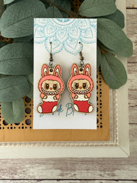 Labubu inspired monster Christmas hand painted wood earrings