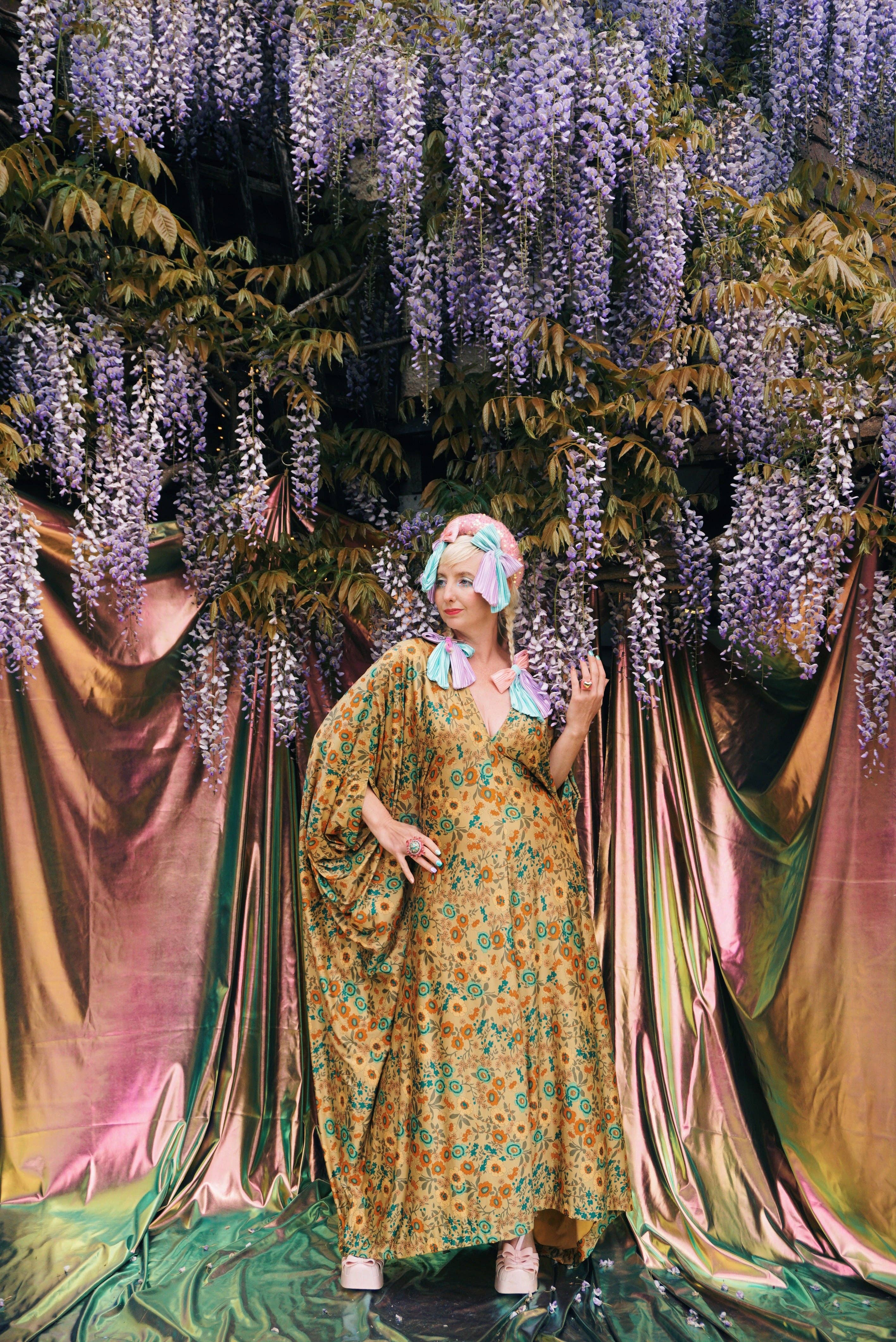 Golden Meadow Print V-Neck Kaftan Gown