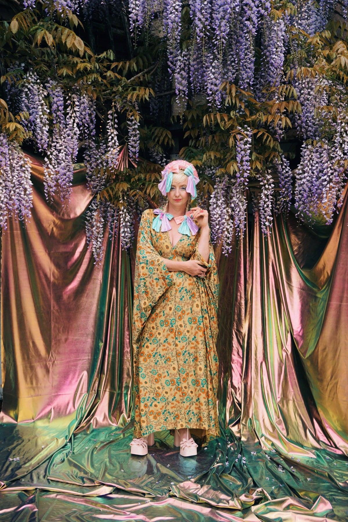 Golden Meadow Print V-Neck Kaftan Gown