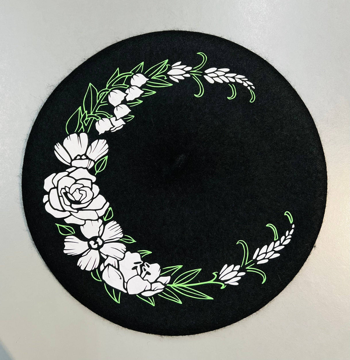 Vegan Beret - Black  - Floral Crescent Moon