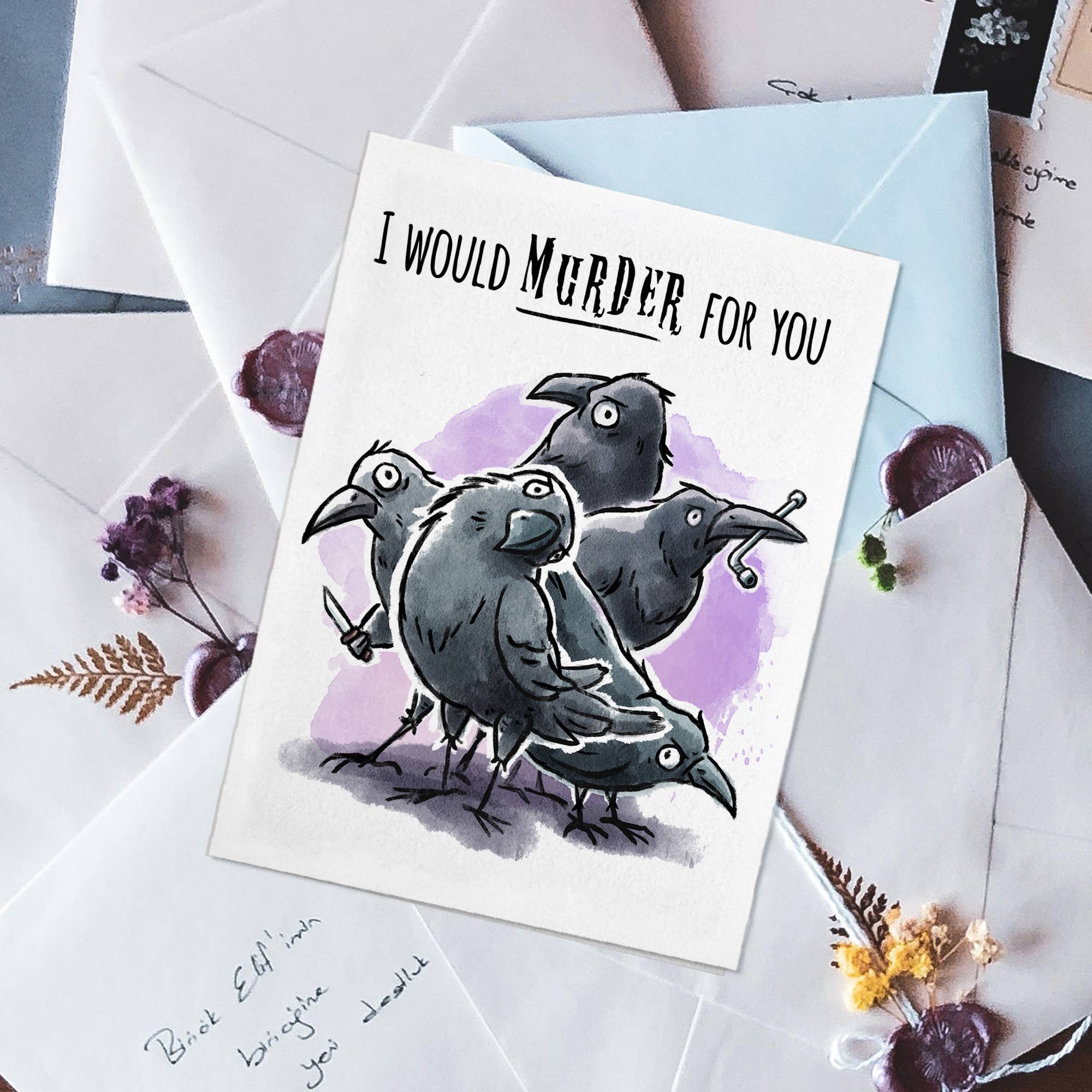 "Murder for You" Dark Funny Crow Love Valentine Wedding Card