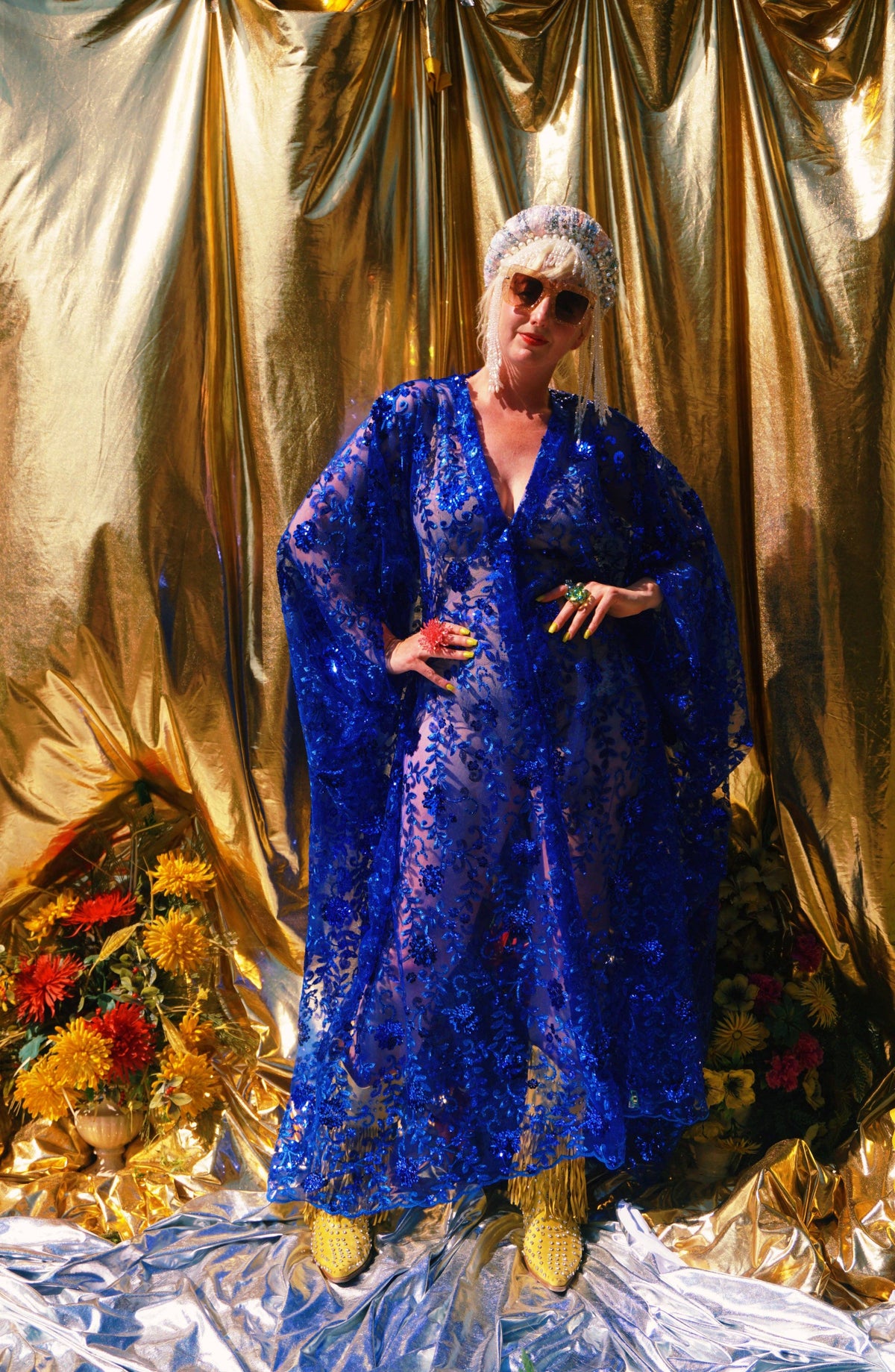 Desert Blue Lace Sequin V-Neck Kaftan Gown