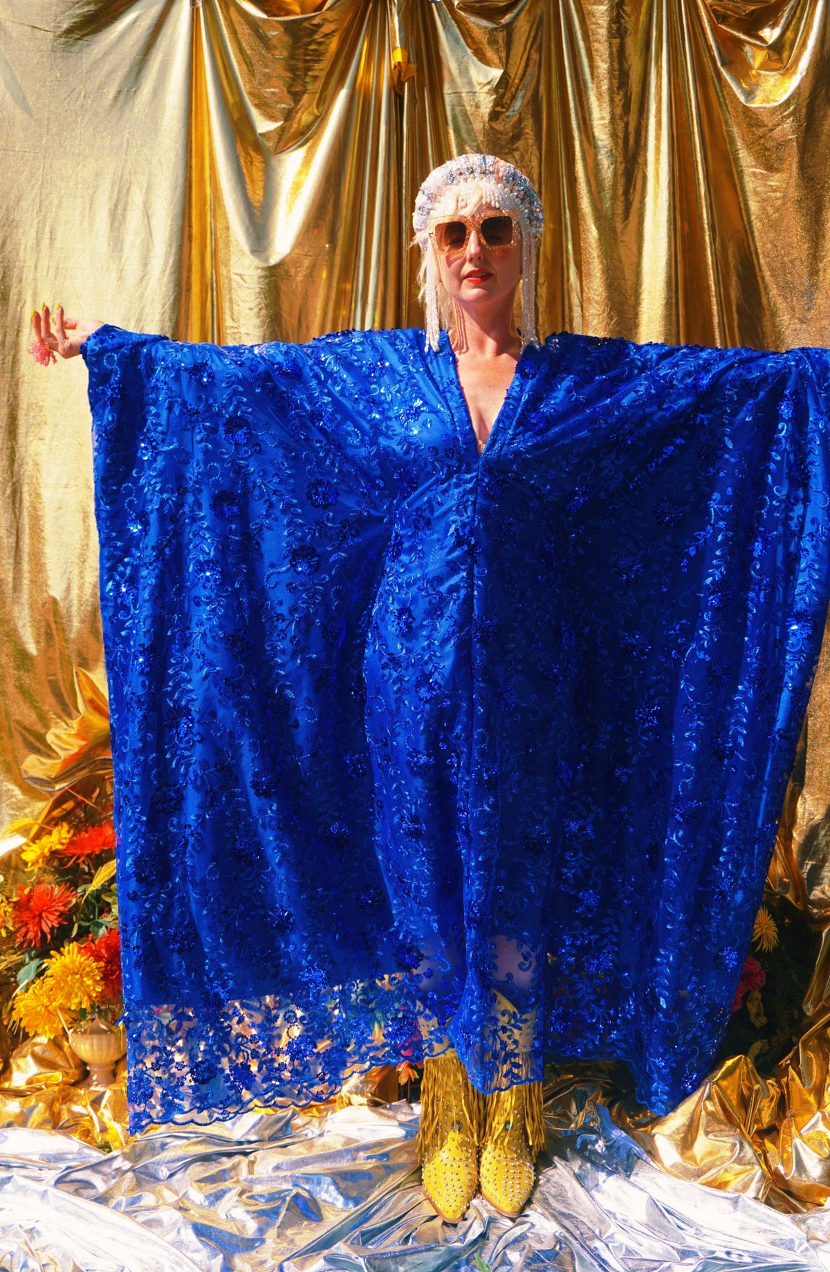 Desert Blue Lace Sequin V-Neck Kaftan Gown