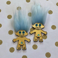 Furry Treasure Troll, Pink, White Or Blue, Acrylic Laser Cut Earrings, Plastic Jewelry