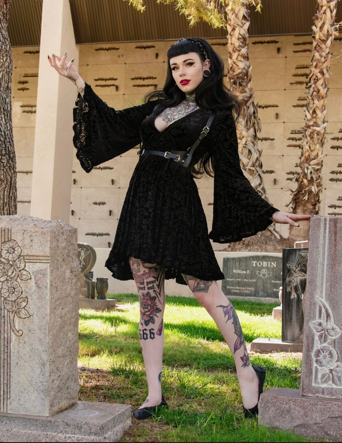 Nyx - Bell Sleeved Velvet Damask Dress with Harness - READY TO SHIP!