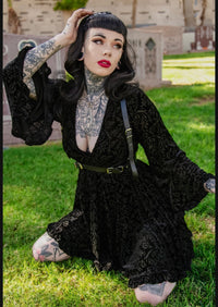 Nyx - Bell Sleeved Velvet Damask Dress with Harness - READY TO SHIP!