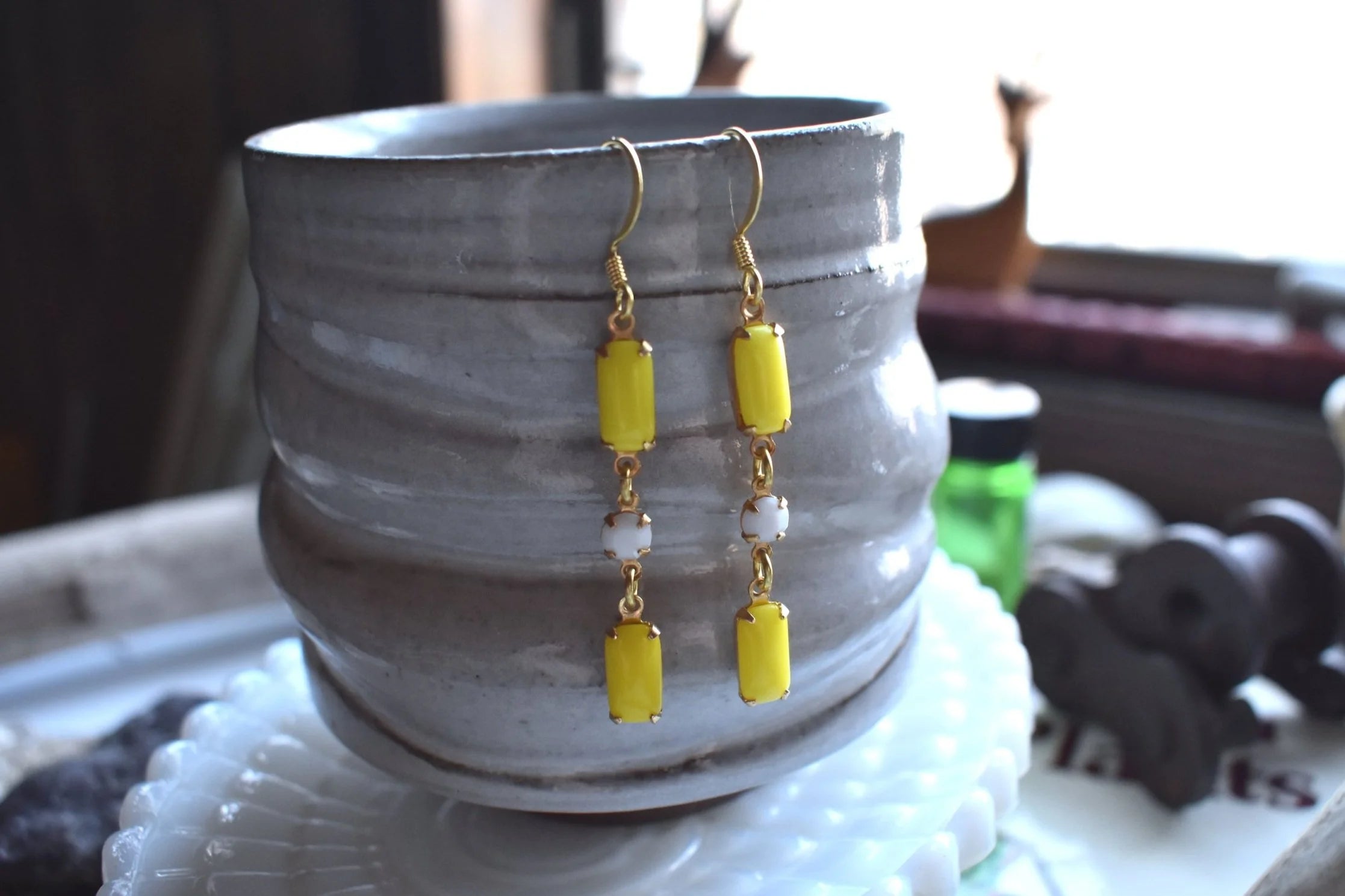 Coquette Earrings | Brass | Vintage Yellow, White Glass Cup Beads