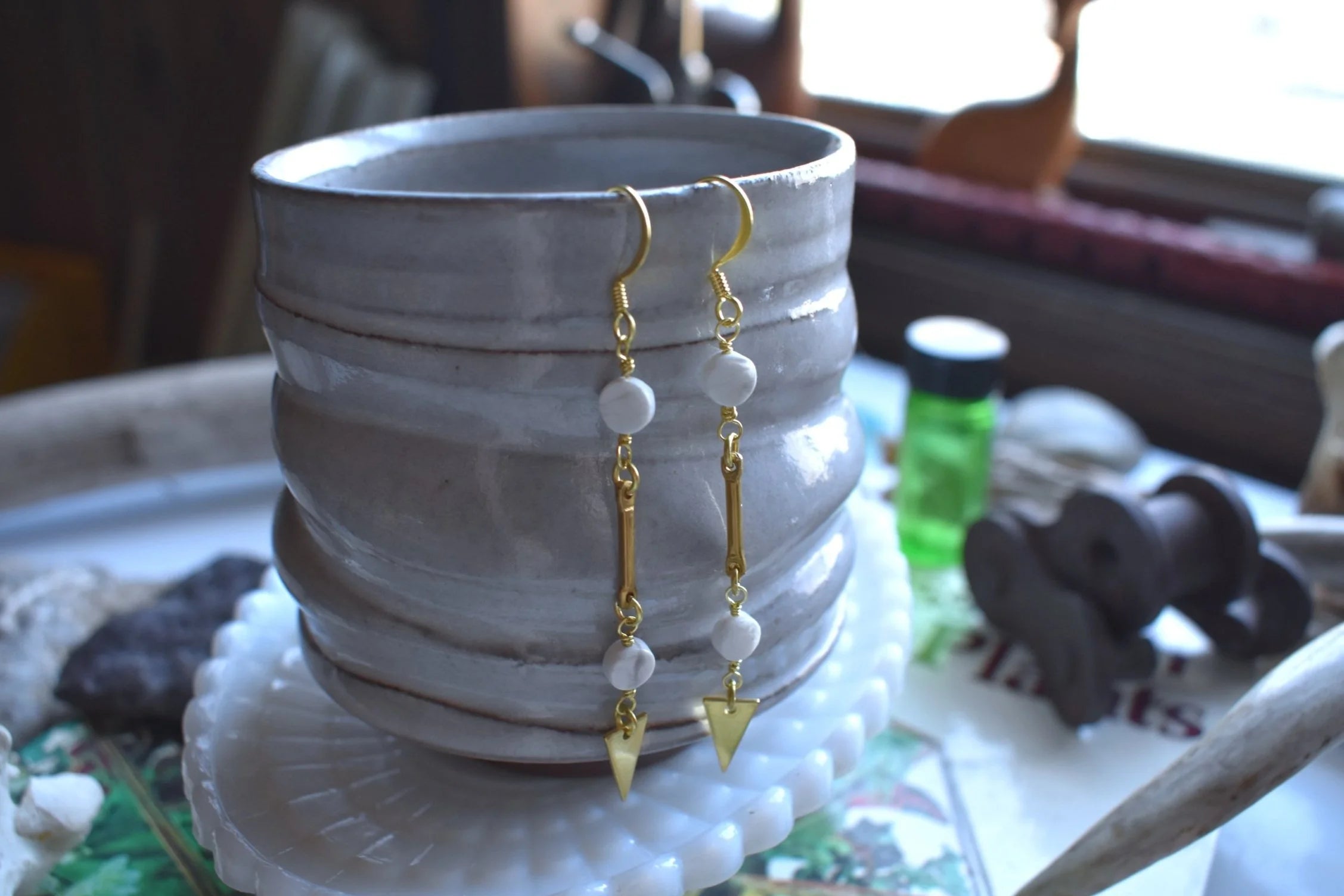 Micheline Earrings | Brass | Howlite + Brass Rods + Tiny Triangles