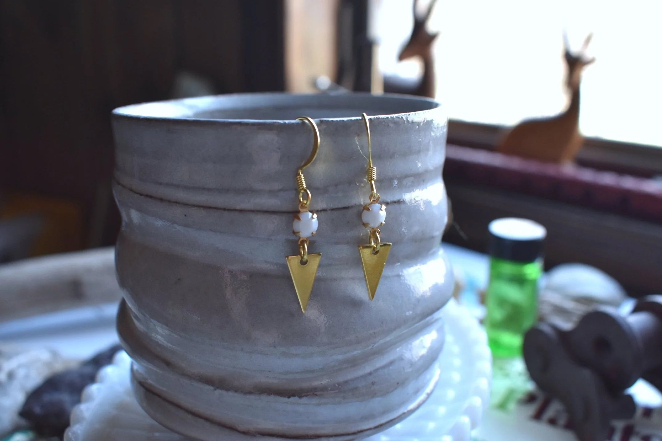 Micheline Earrings | Brass | Vintage White Glass Cup Beads + Tiny Triangles