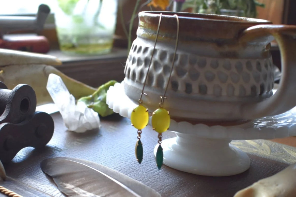 Yellow Glass Earrings | Brass | Vintage Yellow, Green Glass