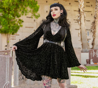 Nyx - Bell Sleeved Velvet Damask Dress with Harness - READY TO SHIP!