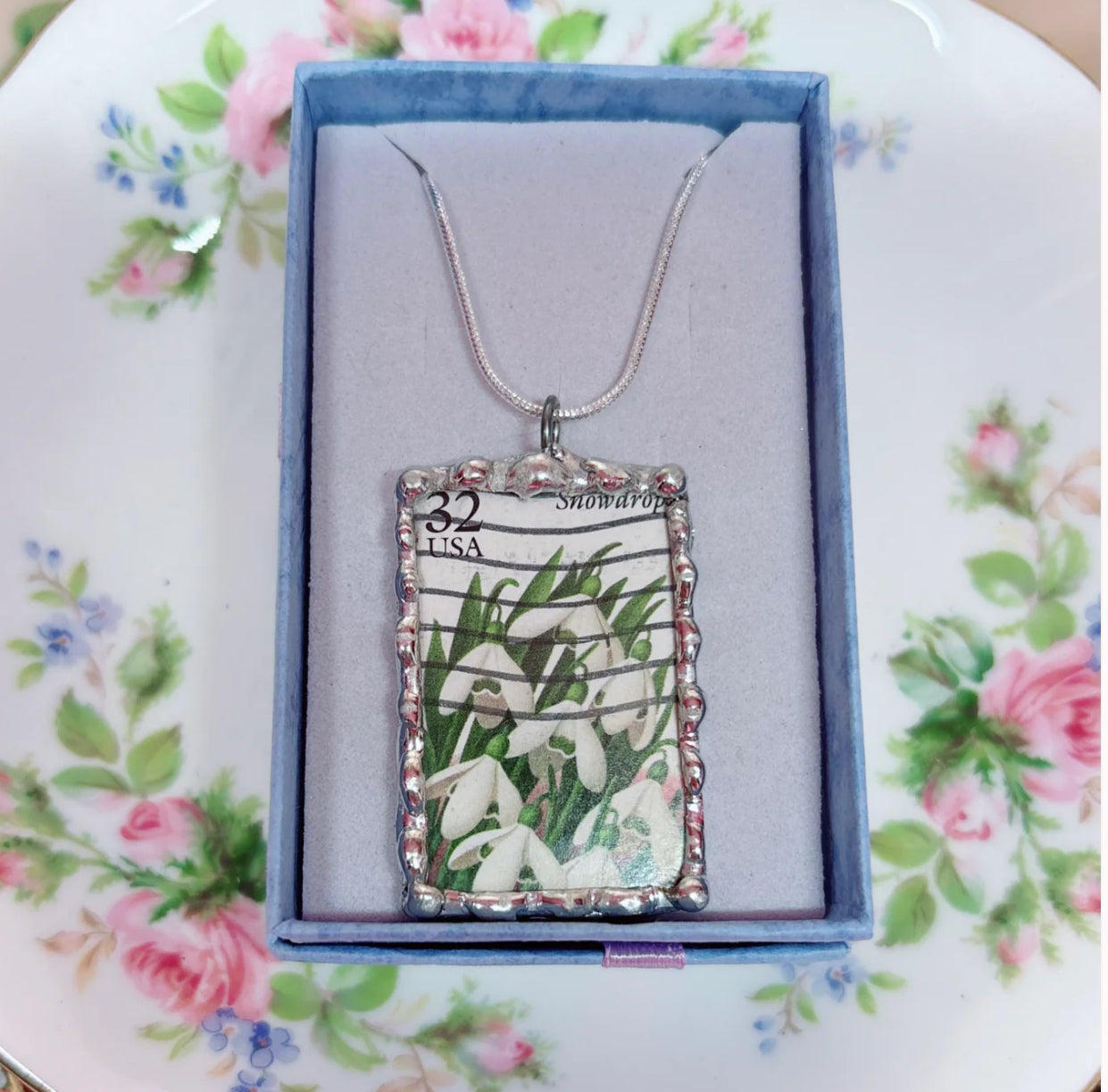 Vintage Stamp Snow Drop Necklace