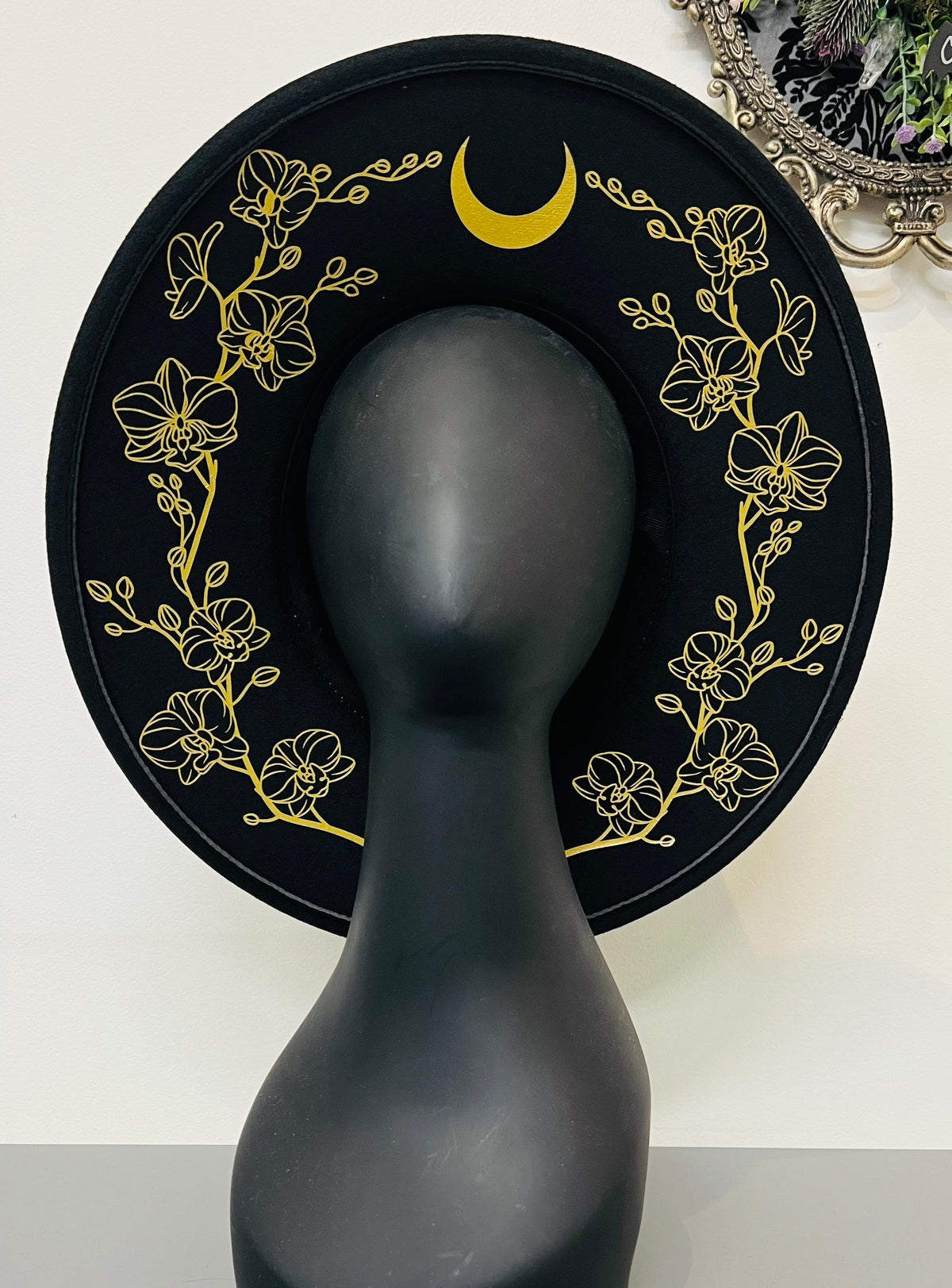 Vegan Felt Wide Brim Hat - XL Brim - Gold or Silver Orchids Outline