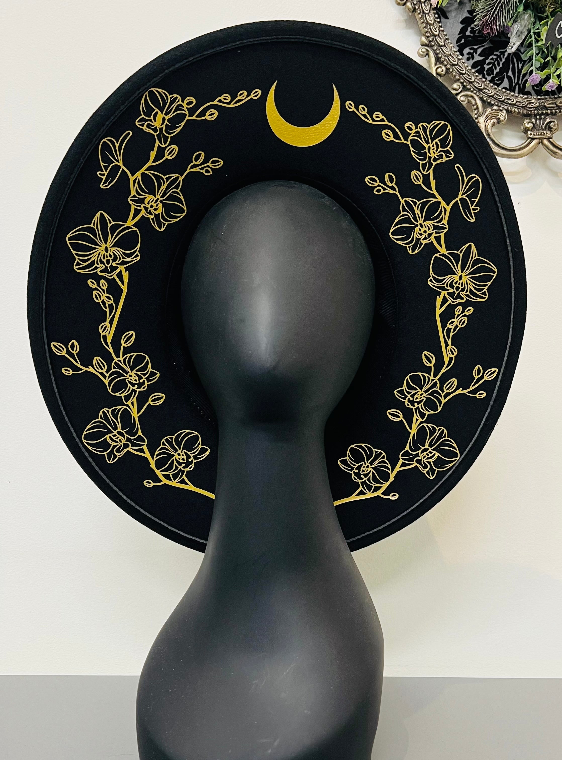 Vegan Felt Wide Brim Hat - XL Brim - Gold or Silver Orchids Outline