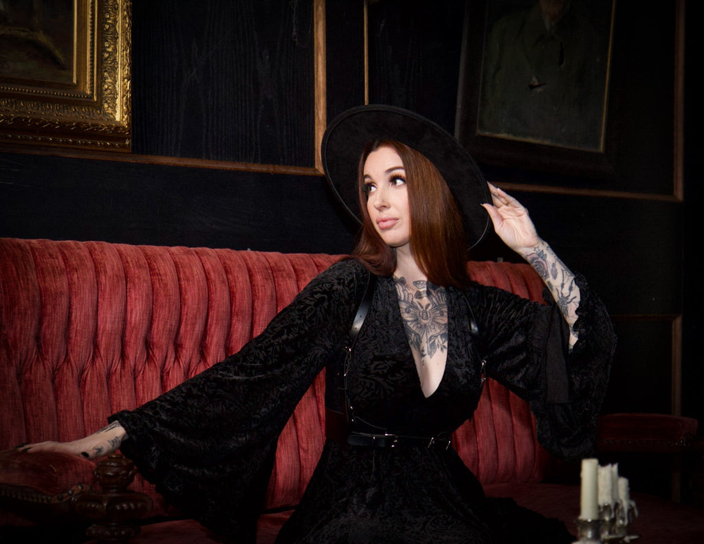 Nyx - Bell Sleeved Velvet Damask Dress with Harness - READY TO SHIP!