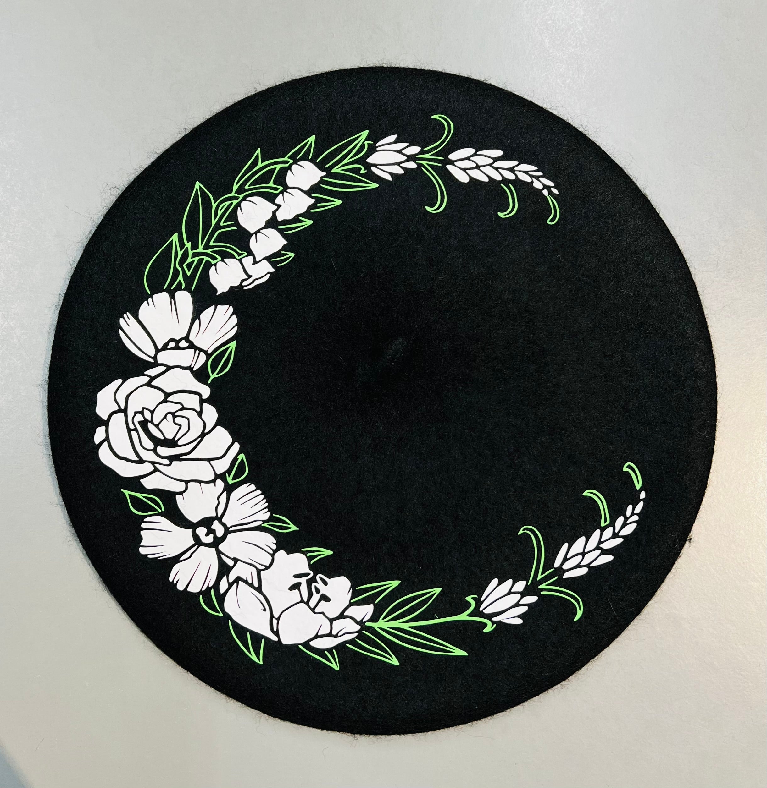 Vegan Beret - Black  - Floral Crescent Moon
