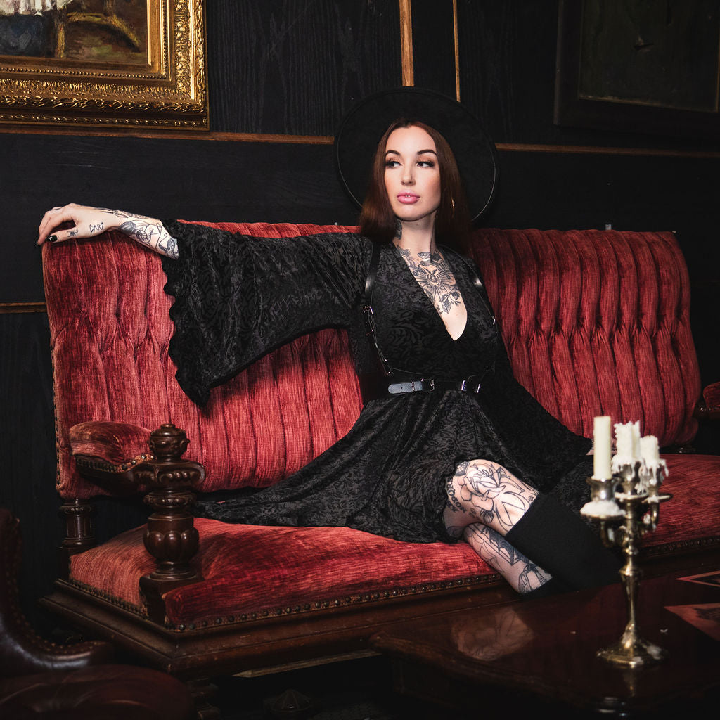 Nyx - Bell Sleeved Velvet Damask Dress with Harness - READY TO SHIP!