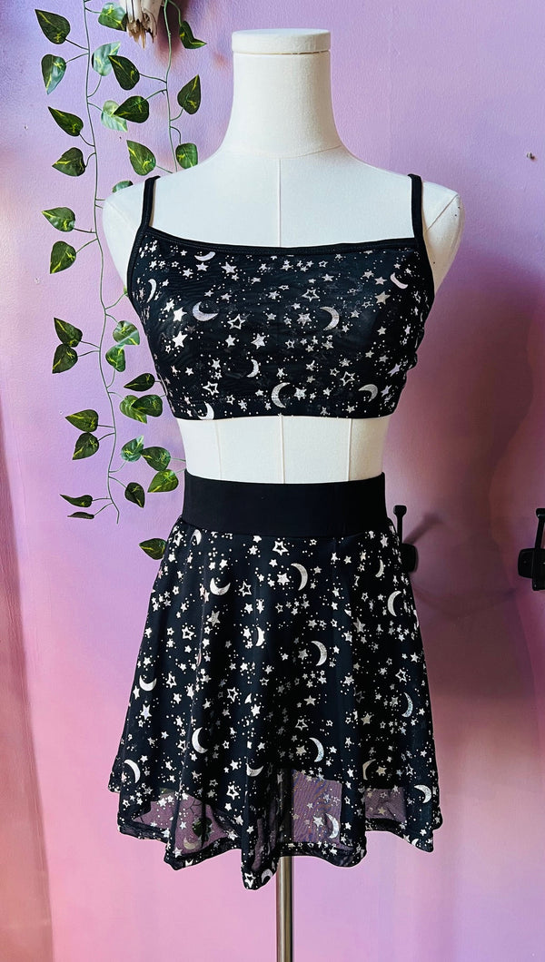 The Morbid Mini Skort - Moon & Stars - Metallic Celestial Skirt with Built In Shorts - Ready to Ship