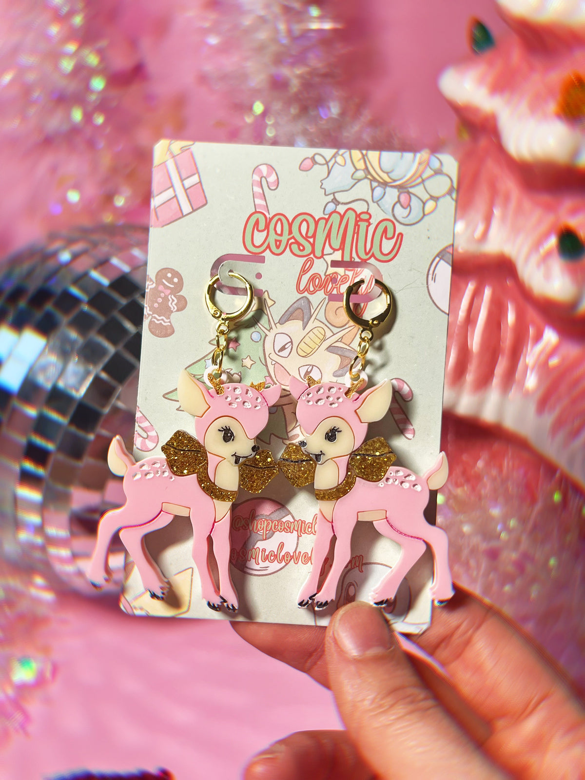 Retro Pink Christmas Deer Earrings