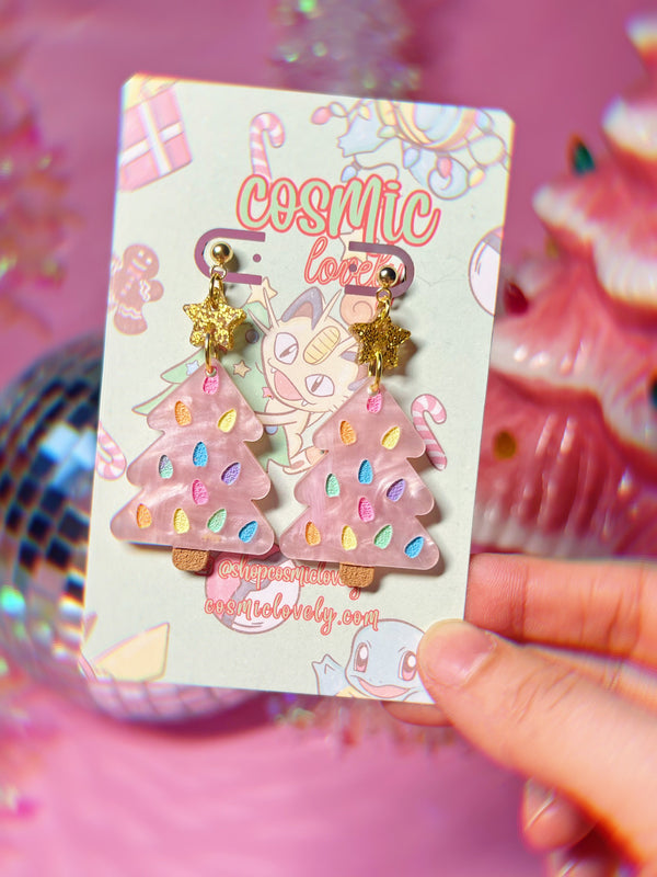 Pastel Pink Rainbow Christmas Tree Earrings