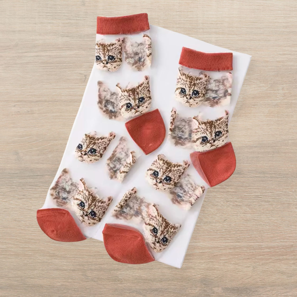 Sheer Cat Lover Socks Available in Yellow Green Red or Black [Fits Women's Size 5-9]