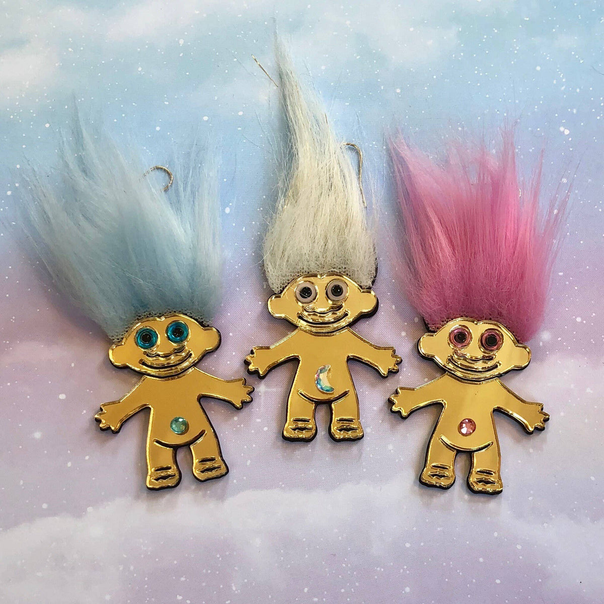 Furry Treasure Troll, Pink, White Or Blue, Acrylic Laser Cut Earrings, Plastic Jewelry